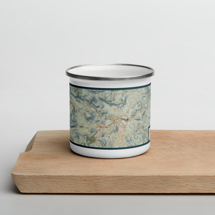 Front View Custom Rocky Mountain National Park Map Enamel Mug in Woodblock on Cutting Board