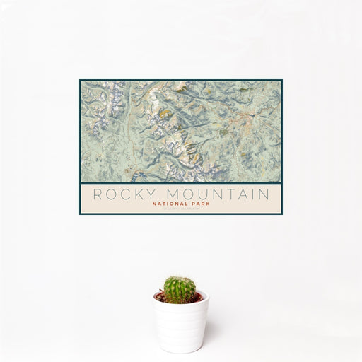 12x18 Rocky Mountain National Park Map Print Landscape Orientation in Woodblock Style With Small Cactus Plant in White Planter