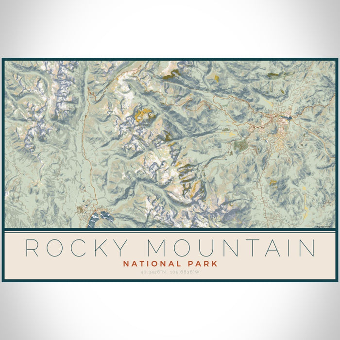 Rocky Mountain National Park Map Print Landscape Orientation in Woodblock Style With Shaded Background