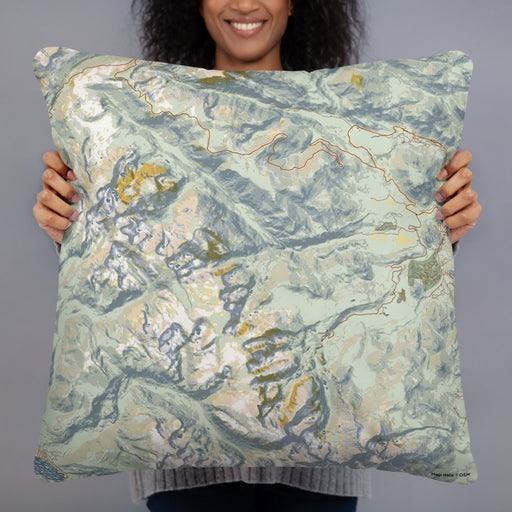Person holding 22x22 Custom Rocky Mountain National Park Map Throw Pillow in Woodblock