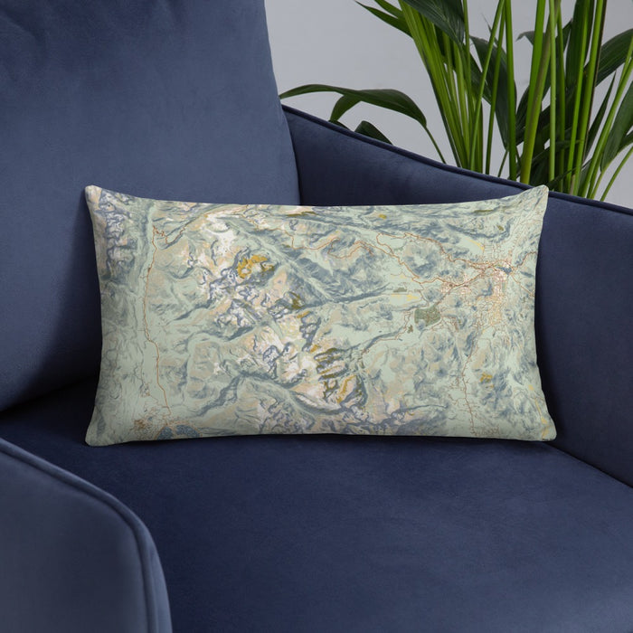 Custom Rocky Mountain National Park Map Throw Pillow in Woodblock on Blue Colored Chair
