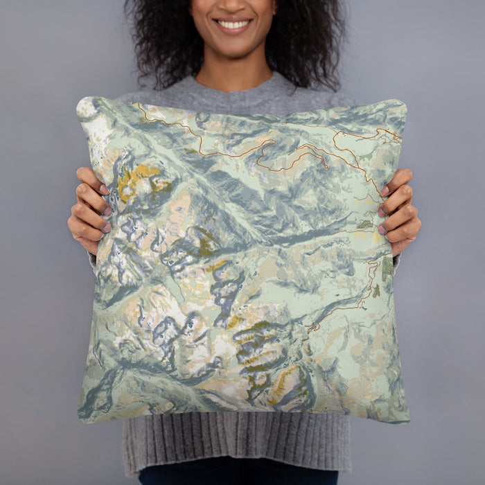 Person holding 18x18 Custom Rocky Mountain National Park Map Throw Pillow in Woodblock