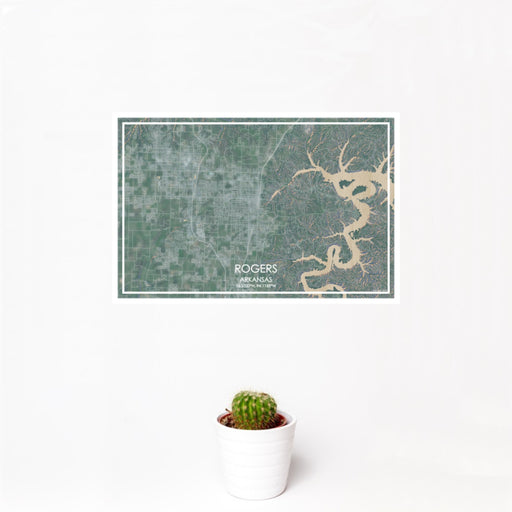 12x18 Rogers Arkansas Map Print Landscape Orientation in Afternoon Style With Small Cactus Plant in White Planter