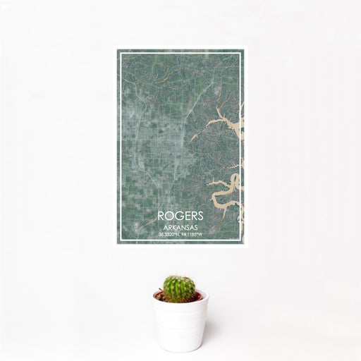 12x18 Rogers Arkansas Map Print Portrait Orientation in Afternoon Style With Small Cactus Plant in White Planter