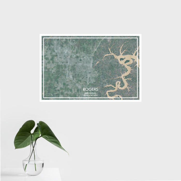 16x24 Rogers Arkansas Map Print Landscape Orientation in Afternoon Style With Tropical Plant Leaves in Water