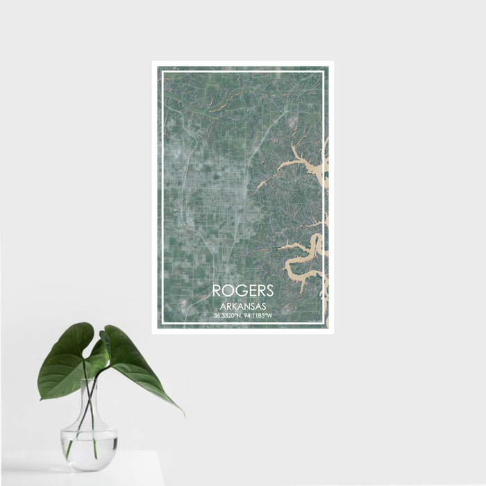16x24 Rogers Arkansas Map Print Portrait Orientation in Afternoon Style With Tropical Plant Leaves in Water