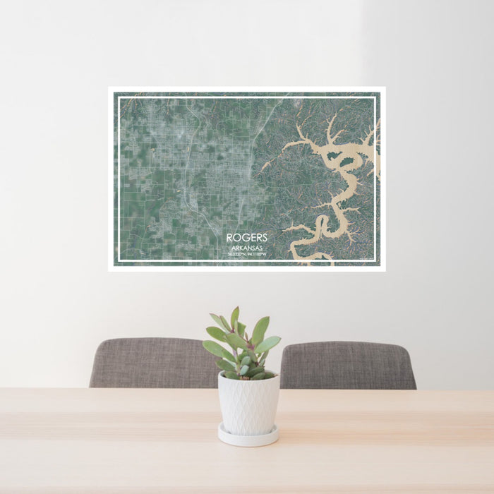 24x36 Rogers Arkansas Map Print Lanscape Orientation in Afternoon Style Behind 2 Chairs Table and Potted Plant