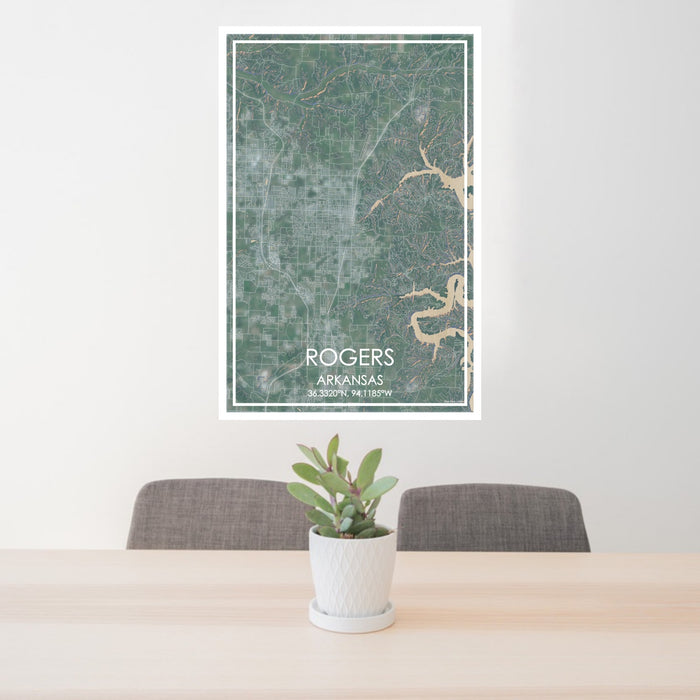 24x36 Rogers Arkansas Map Print Portrait Orientation in Afternoon Style Behind 2 Chairs Table and Potted Plant