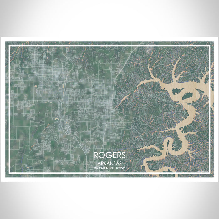 Rogers Arkansas Map Print Landscape Orientation in Afternoon Style With Shaded Background