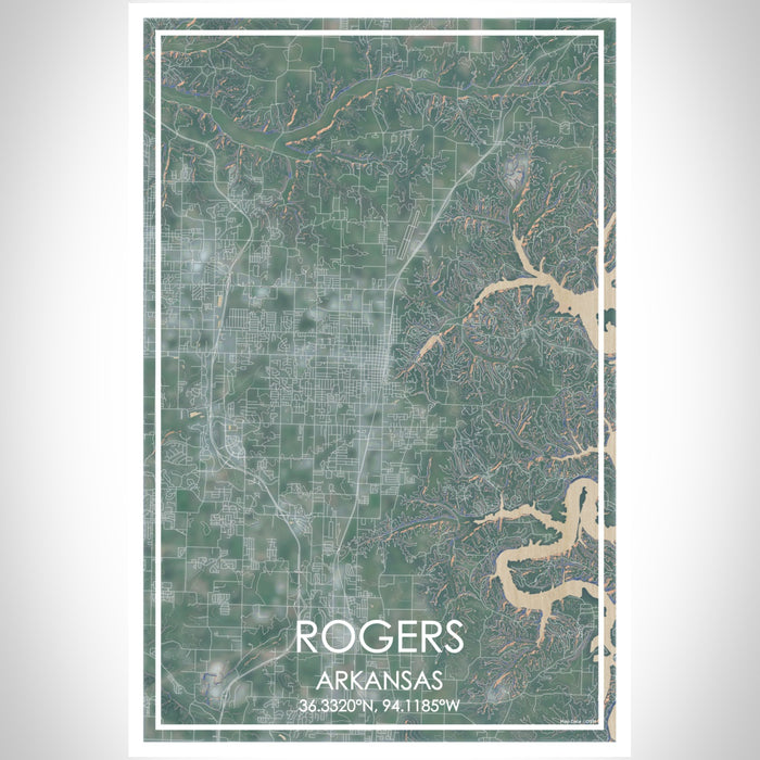Rogers Arkansas Map Print Portrait Orientation in Afternoon Style With Shaded Background