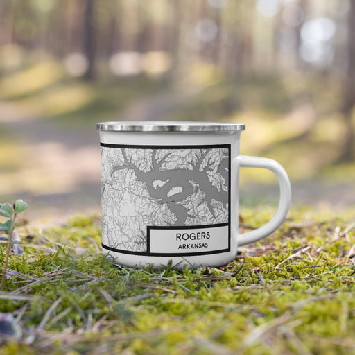 Right View Custom Rogers Arkansas Map Enamel Mug in Classic on Grass With Trees in Background