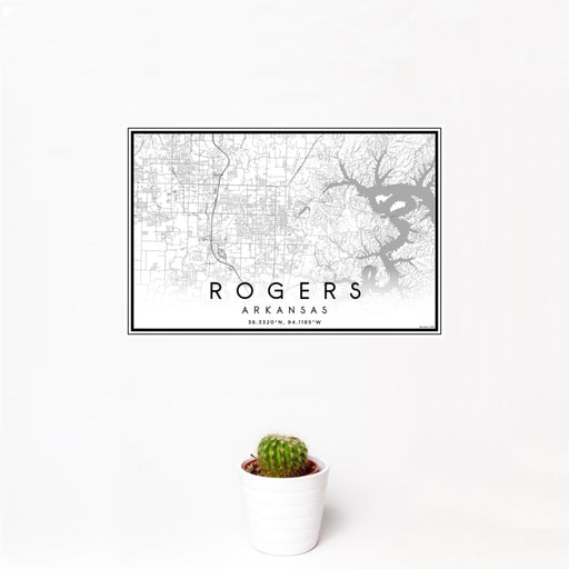 12x18 Rogers Arkansas Map Print Landscape Orientation in Classic Style With Small Cactus Plant in White Planter