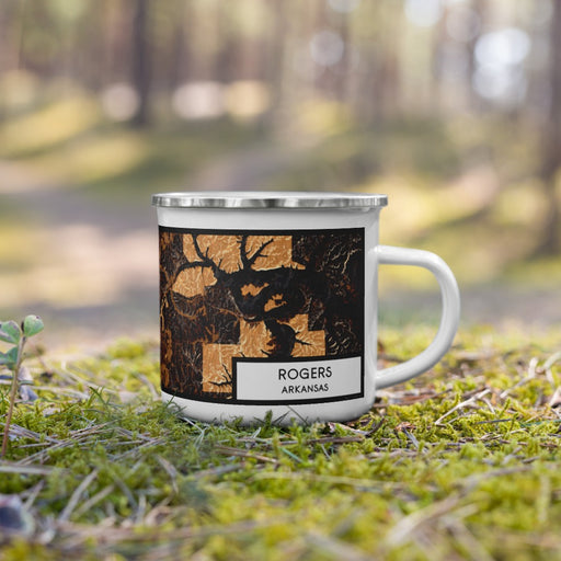Right View Custom Rogers Arkansas Map Enamel Mug in Ember on Grass With Trees in Background