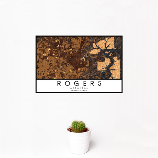 12x18 Rogers Arkansas Map Print Landscape Orientation in Ember Style With Small Cactus Plant in White Planter