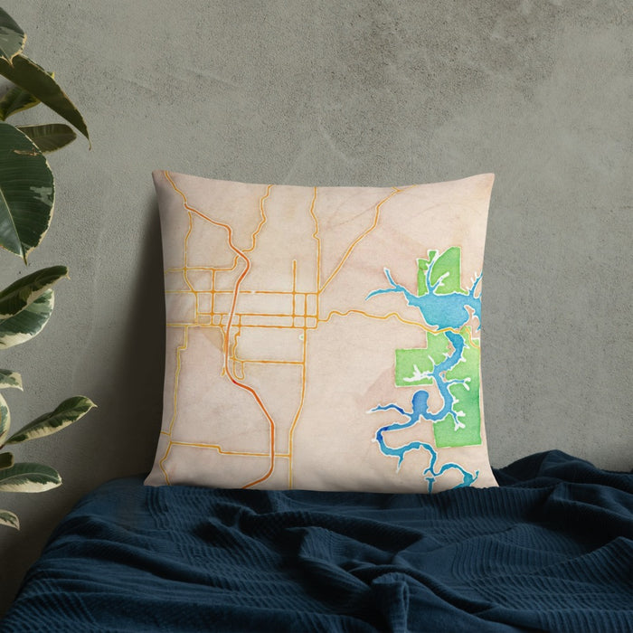 Custom Rogers Arkansas Map Throw Pillow in Watercolor on Bedding Against Wall