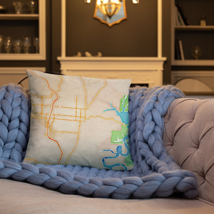 Custom Rogers Arkansas Map Throw Pillow in Watercolor on Cream Colored Couch