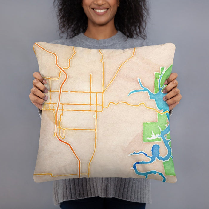 Person holding 18x18 Custom Rogers Arkansas Map Throw Pillow in Watercolor