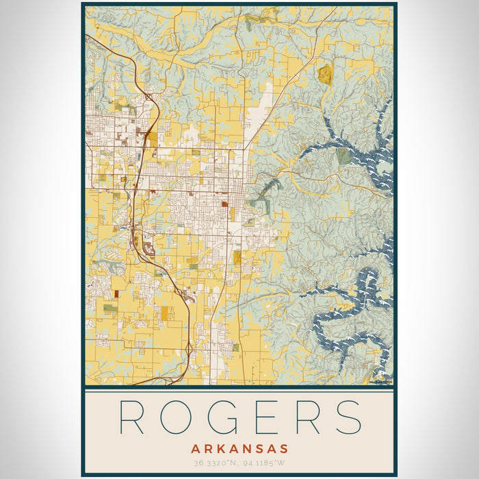 Rogers Arkansas Map Print Portrait Orientation in Woodblock Style With Shaded Background