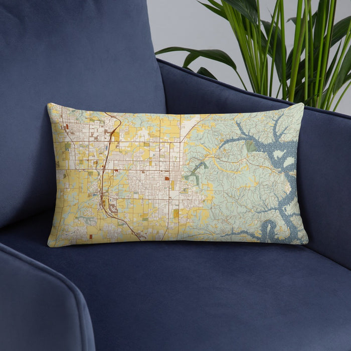 Custom Rogers Arkansas Map Throw Pillow in Woodblock on Blue Colored Chair