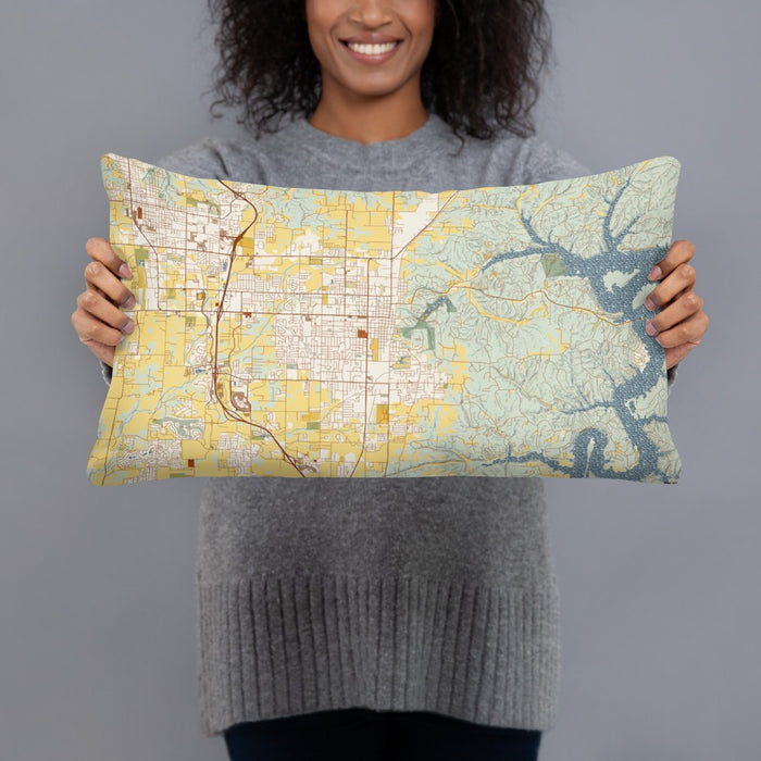 Person holding 20x12 Custom Rogers Arkansas Map Throw Pillow in Woodblock