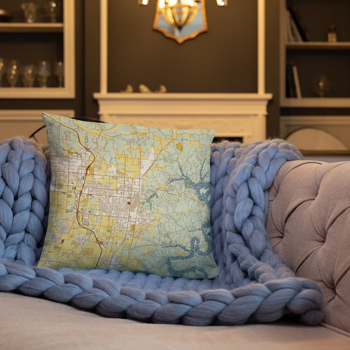 Custom Rogers Arkansas Map Throw Pillow in Woodblock on Cream Colored Couch