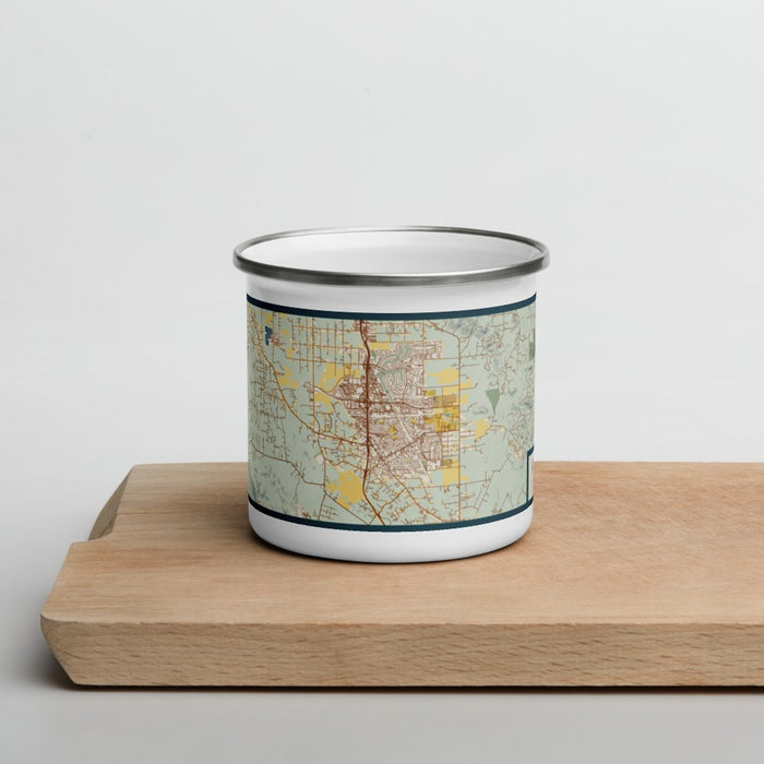 Front View Custom Rohnert Park California Map Enamel Mug in Woodblock on Cutting Board