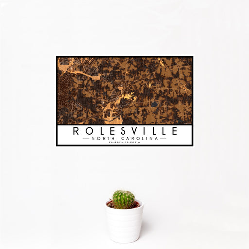 12x18 Rolesville North Carolina Map Print Landscape Orientation in Ember Style With Small Cactus Plant in White Planter