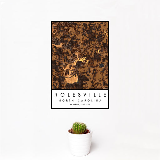 12x18 Rolesville North Carolina Map Print Portrait Orientation in Ember Style With Small Cactus Plant in White Planter
