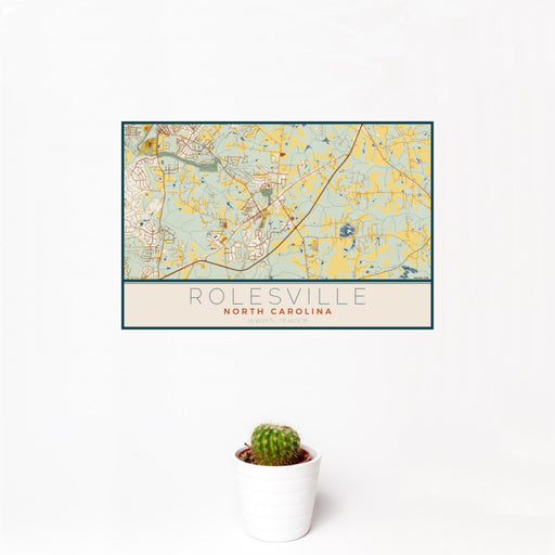 12x18 Rolesville North Carolina Map Print Landscape Orientation in Woodblock Style With Small Cactus Plant in White Planter
