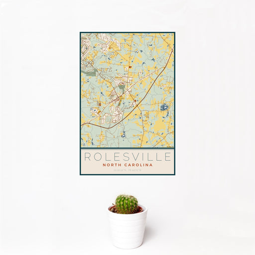 12x18 Rolesville North Carolina Map Print Portrait Orientation in Woodblock Style With Small Cactus Plant in White Planter