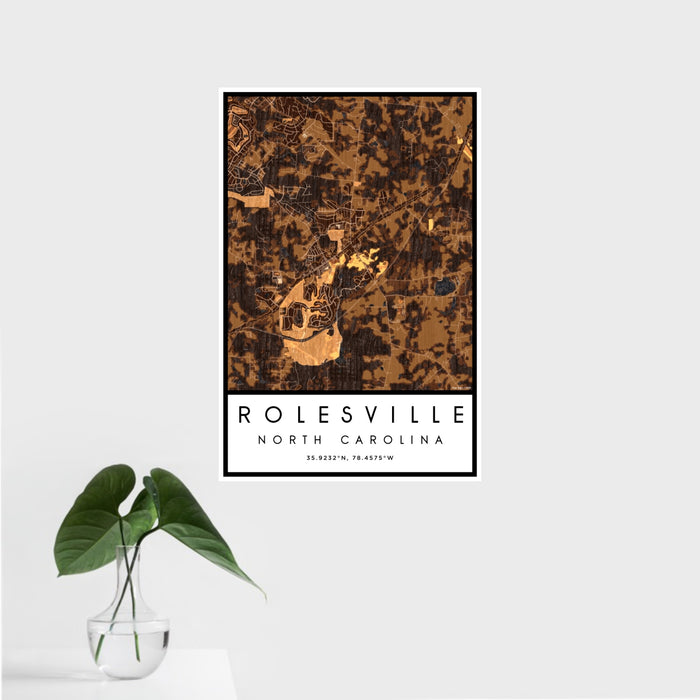 16x24 Rolesville North Carolina Map Print Portrait Orientation in Ember Style With Tropical Plant Leaves in Water