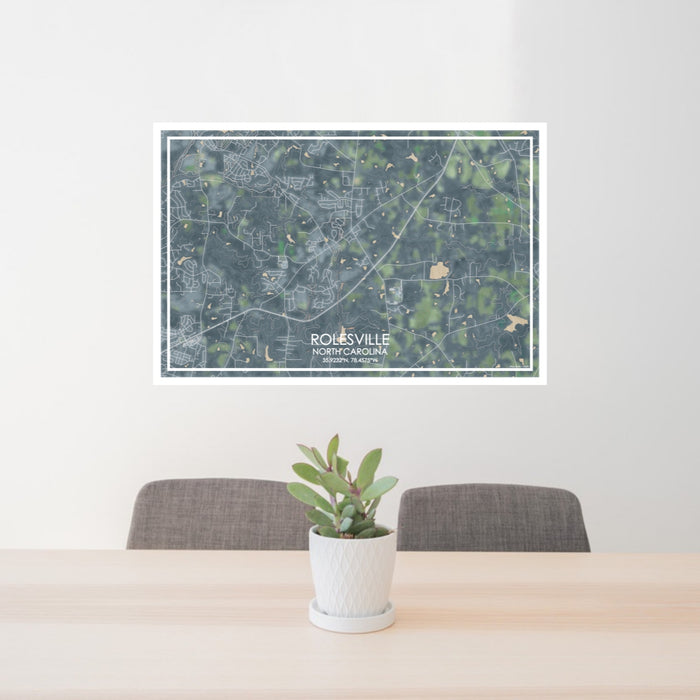 24x36 Rolesville North Carolina Map Print Lanscape Orientation in Afternoon Style Behind 2 Chairs Table and Potted Plant