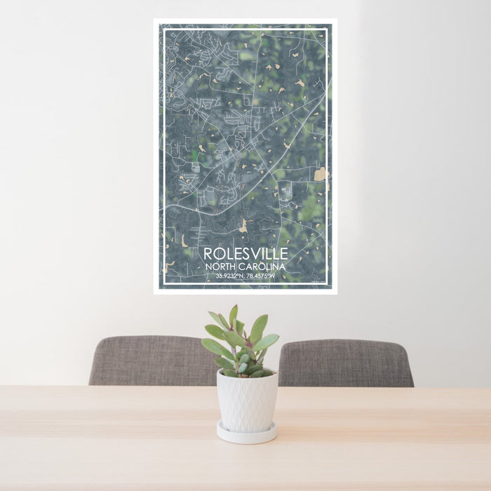 24x36 Rolesville North Carolina Map Print Portrait Orientation in Afternoon Style Behind 2 Chairs Table and Potted Plant