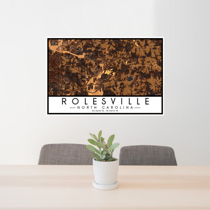 24x36 Rolesville North Carolina Map Print Lanscape Orientation in Ember Style Behind 2 Chairs Table and Potted Plant