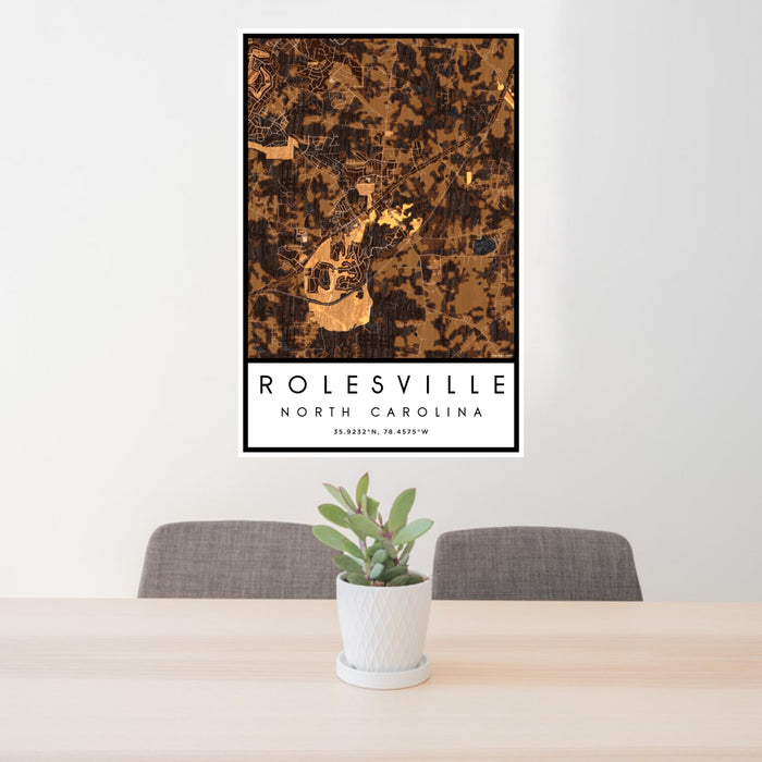 24x36 Rolesville North Carolina Map Print Portrait Orientation in Ember Style Behind 2 Chairs Table and Potted Plant