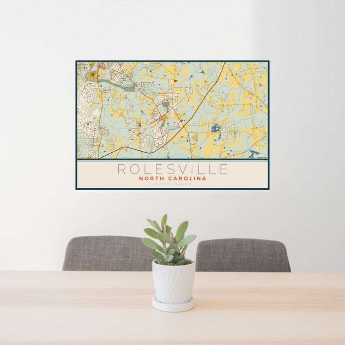 24x36 Rolesville North Carolina Map Print Lanscape Orientation in Woodblock Style Behind 2 Chairs Table and Potted Plant