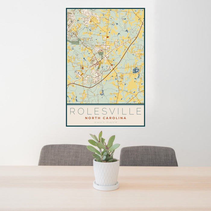 24x36 Rolesville North Carolina Map Print Portrait Orientation in Woodblock Style Behind 2 Chairs Table and Potted Plant