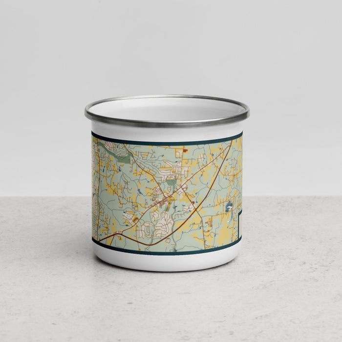 Front View Custom Rolesville North Carolina Map Enamel Mug in Woodblock