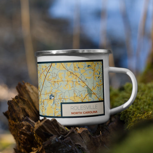 Right View Custom Rolesville North Carolina Map Enamel Mug in Woodblock on Grass With Trees in Background