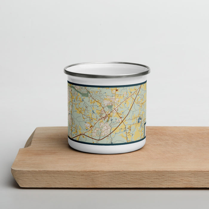 Front View Custom Rolesville North Carolina Map Enamel Mug in Woodblock on Cutting Board