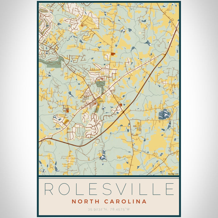 Rolesville North Carolina Map Print Portrait Orientation in Woodblock Style With Shaded Background