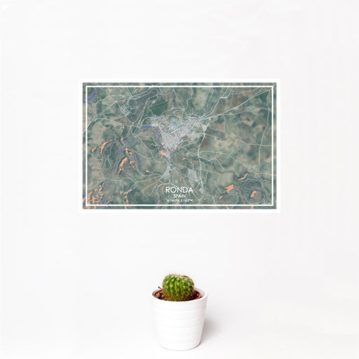 12x18 Ronda Spain Map Print Landscape Orientation in Afternoon Style With Small Cactus Plant in White Planter