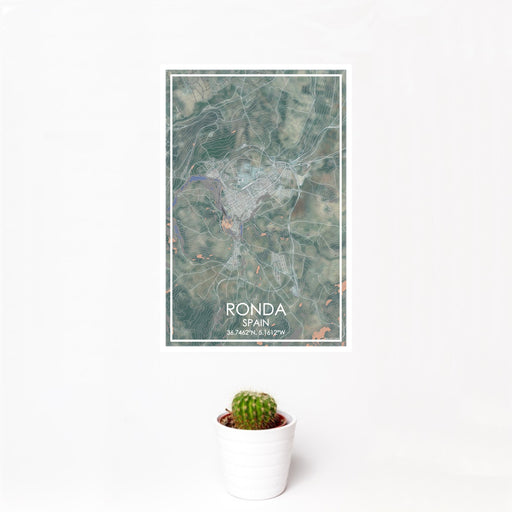 12x18 Ronda Spain Map Print Portrait Orientation in Afternoon Style With Small Cactus Plant in White Planter