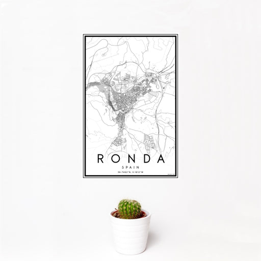 12x18 Ronda Spain Map Print Portrait Orientation in Classic Style With Small Cactus Plant in White Planter