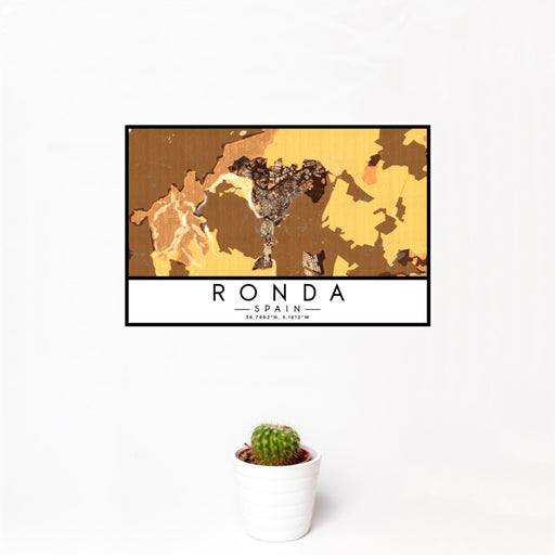 12x18 Ronda Spain Map Print Landscape Orientation in Ember Style With Small Cactus Plant in White Planter