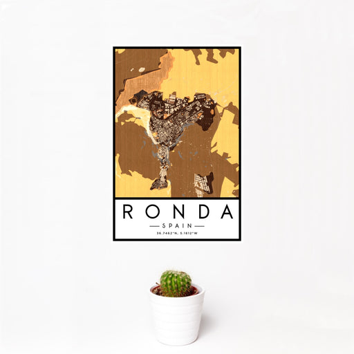 12x18 Ronda Spain Map Print Portrait Orientation in Ember Style With Small Cactus Plant in White Planter