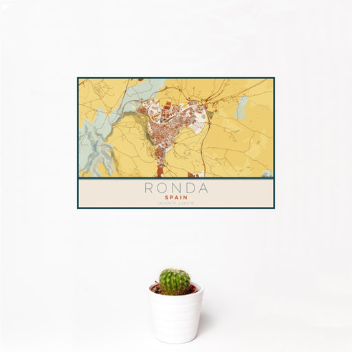 12x18 Ronda Spain Map Print Landscape Orientation in Woodblock Style With Small Cactus Plant in White Planter