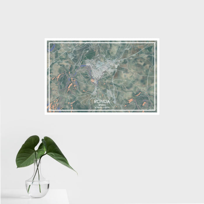 16x24 Ronda Spain Map Print Landscape Orientation in Afternoon Style With Tropical Plant Leaves in Water