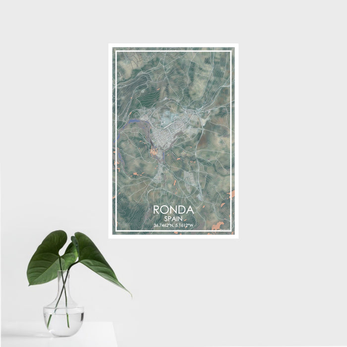 16x24 Ronda Spain Map Print Portrait Orientation in Afternoon Style With Tropical Plant Leaves in Water