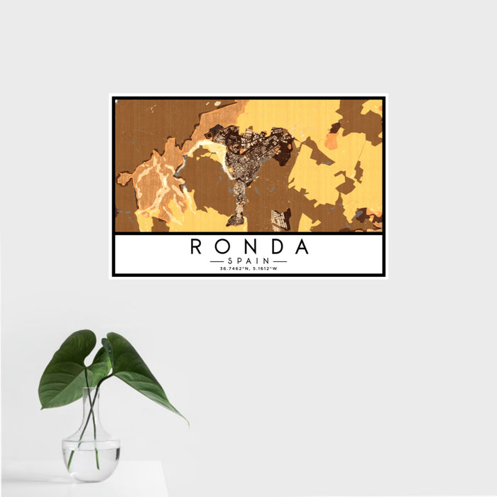16x24 Ronda Spain Map Print Landscape Orientation in Ember Style With Tropical Plant Leaves in Water